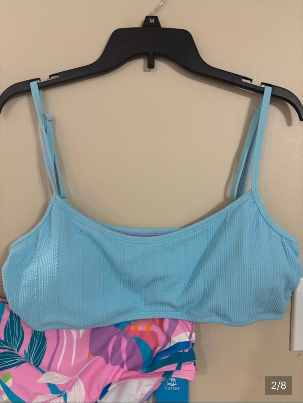 Cupshe Blue Ribbed Scoop Bikini Top with Pink Tropical Print Bottoms - Picture 2 of 8